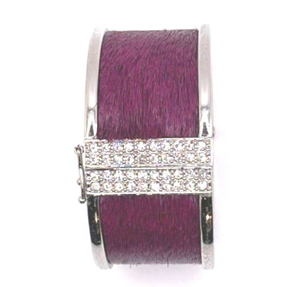 Ann Taylor Signed Purple Silver Faux Calfskin Rhinestone Bangle Bracelet